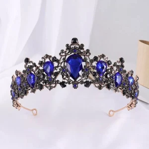 Sapphire Blue Vintage Baroque Goth Black Tiara Crown Princess Queen bridal dark - Picture 1 of 2