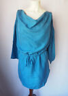 Vintage Vollbracht Luxe Silk Drawstring Mini Dress Draped Neck 3/4 Sleeve Blue S