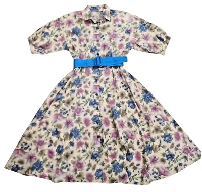 Vestido Camisa Vintage Floral Midi Con Botones Cuello Cinturón Años 80 90 Hecho a Mano Foto 1 de 4