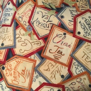 Tea For Two Tea Tags by Susan Winget Red Peach Green BlueCotton Fabric 26” X 44” - Picture 1 of 8