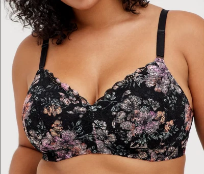 Sujetador Inalámbrico Tórrido Negro Encaje Floral Ligeramente Forrado Talla 40F/DDD Foto 1 de 4