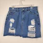 Romwe Women's Cotton/Polyester Frayed Denim Jean Skirt Size L Distressed Country
