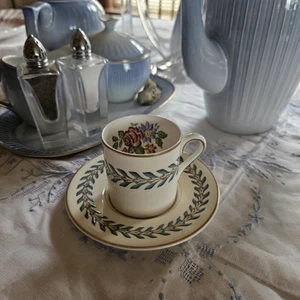 Wedgwood Woodstock Teal Blue Floral Bone China Demitasse Cup & Saucer W3696 1950 - Picture 1 of 4