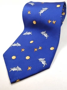 PAUL FREDRICK Handmade in USA 100% Silk Tie 56" Short Blue Dolphins Necktie - Picture 1 of 4