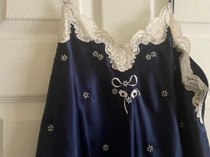 Christian Dior Navy Blue Nightgown Robe Set Peignoir Lace Trimmed Size Petite - Picture 1 of 9