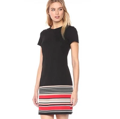 VESTIDO CALVIN KLEIN CK Mujer DAMAS RAYAS NEGRAS Talla 2 Funda Manga Corta Foto 1 de 4