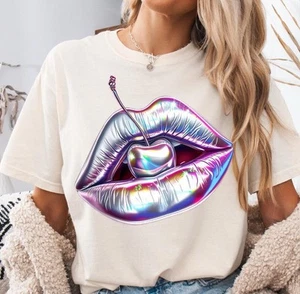 Iridescent Cherry Lips on Black or White Custom T-Shirt Size S-3XL - Bild 1 von 1