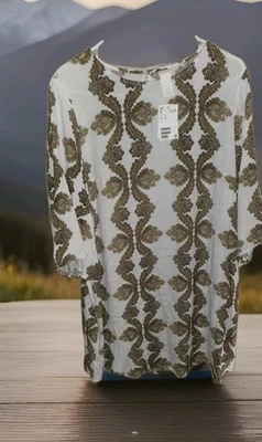 Vestido H&M Mujer Talla 12 Blanco y Dorado Rayón Usado en Excelente Condición  Foto 1 de 4