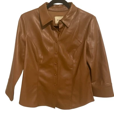 Camisa Chaqueta Tahari Mujer Mediana Imitación Cuero Marrón Tostado Carrera Mafia Esposa Ciudad Foto 1 de 4