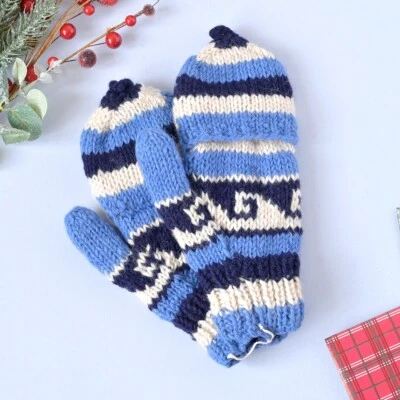 Handknitted Woolen Unisex Gloves-Mittens Medium Size - Blue, Navy and White - Image 1 of 4