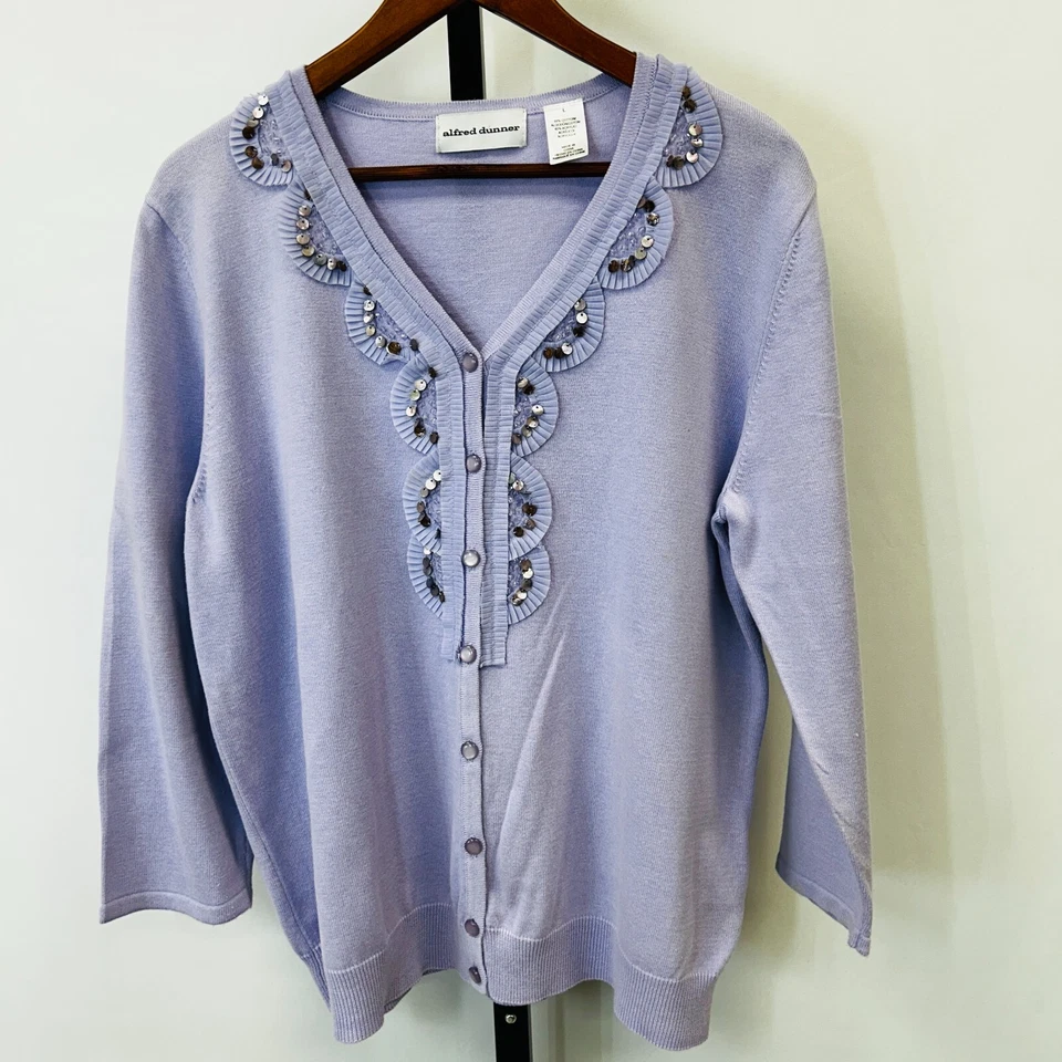 Alfred Dunner Lavender Cardigan Sweater Size L Beaded Trim Scallop Detailing - Image 1 of 4