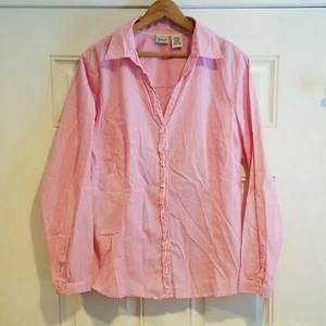 LL Bean Womens Pink White Striped Long Sleeve Ruffle Shirt XLARGE. K-6 - Picture 1 of 10