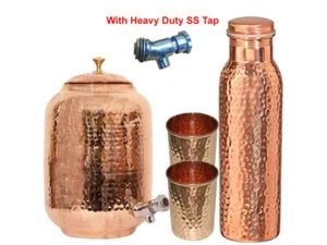 Dispensador de agua de cobre puro (Matka) recipiente martillado olla con botella y 2 vasos - Imagen 1 de 5
