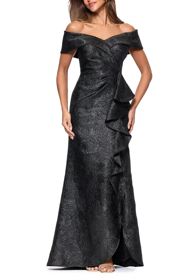 Xscape Black Metallic Ruffle One-Shoulder Jacquard Mermaid Gown Size 6 $298 - Image 1 of 3