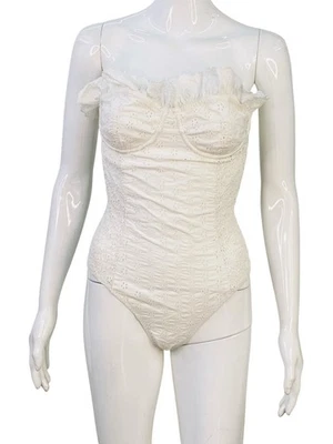 Traje de baño para mujer Doen liso bordado con volantes blanco talla S Foto 1 de 4