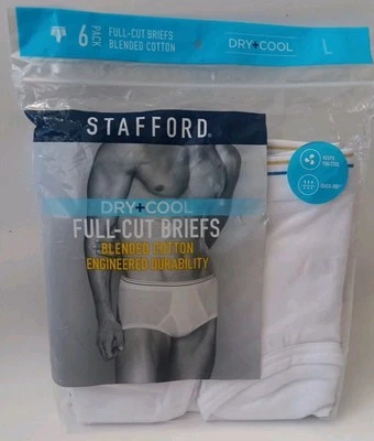 Stafford 6-Pack Mens Blended Cotton Briefs Dry+Cool Full-Cut White Sz L - Image 1 of 4