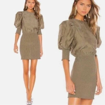 Rebecca Minkoff Geneva SmockedPuff Sleeve Dress in Army Green large midi - Image 1 of 4