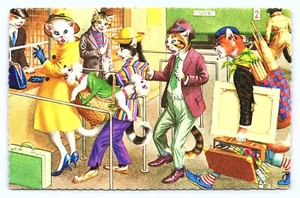 Anthropomorphic Dressed Cats Poodles Ticket Window Mainzer 4735 Vtg Postcard C26 - Picture 1 of 2