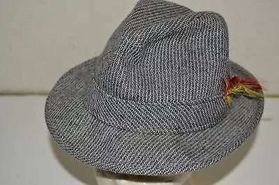Vintage Gray Wool Striped Tweed Fedora Hat w/ Feathers Unisex Rare - Image 1 of 4