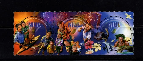 Niue #741 (1999 Millennium strip of three)  VF used CV $6.50 Cover