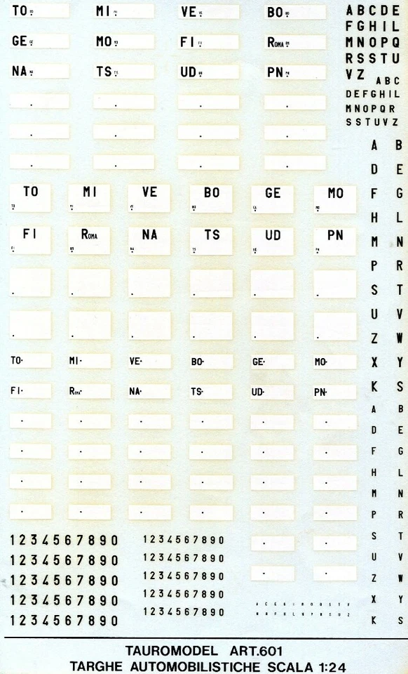 TAURO MODEL TM601 TARGHE AUTOMOBILISTICHE ITALIANE CON SIGLE DI PROVINCE 1:24 - Immagine 1 di 1