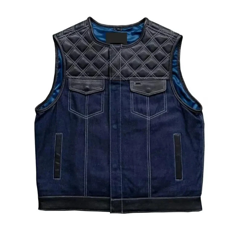 Chaleco de Motociclista Hunt Club Azul Denim - Chaleco de Motocicleta Acolchado, Borde de Cuero Genuino Foto 1 de 4