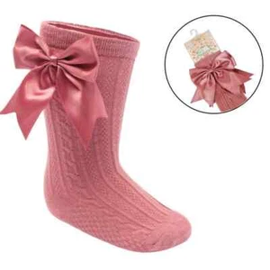 Baby Girls Knee High Satin Bow Socks Dusky Pink Soft Touch 0-24 Months UK - Picture 1 of 2