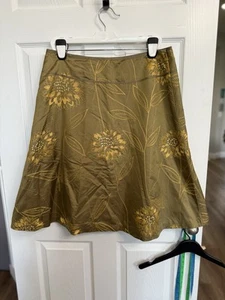Liz Claiborne 100% Silk Skirt Midi Flare A Line 14 Floral Sequin Gold Olive - Picture 1 of 6