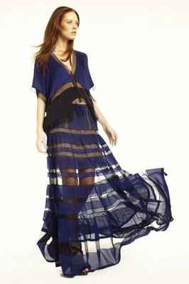 BCBG MAXAZARIA PASARELA AZUL MEZCLA SEDA MAXI FALDA CON CORDÓN TRANSPARENTE TALLA XS / XXS Foto 1 de 4