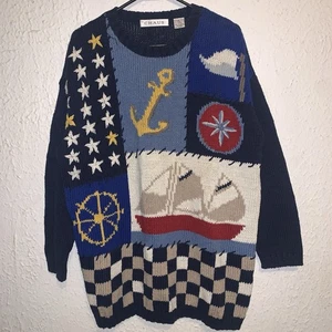 Vintage 90s Chaus Sailing Theme Boat Knit Multicolor Pullover Sweater L - Picture 1 of 4