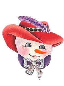 Vtg Red Hat Snow Lady Snowman Purple Feather Christmas Pin Wood Handpainted 3” - Picture 1 of 7
