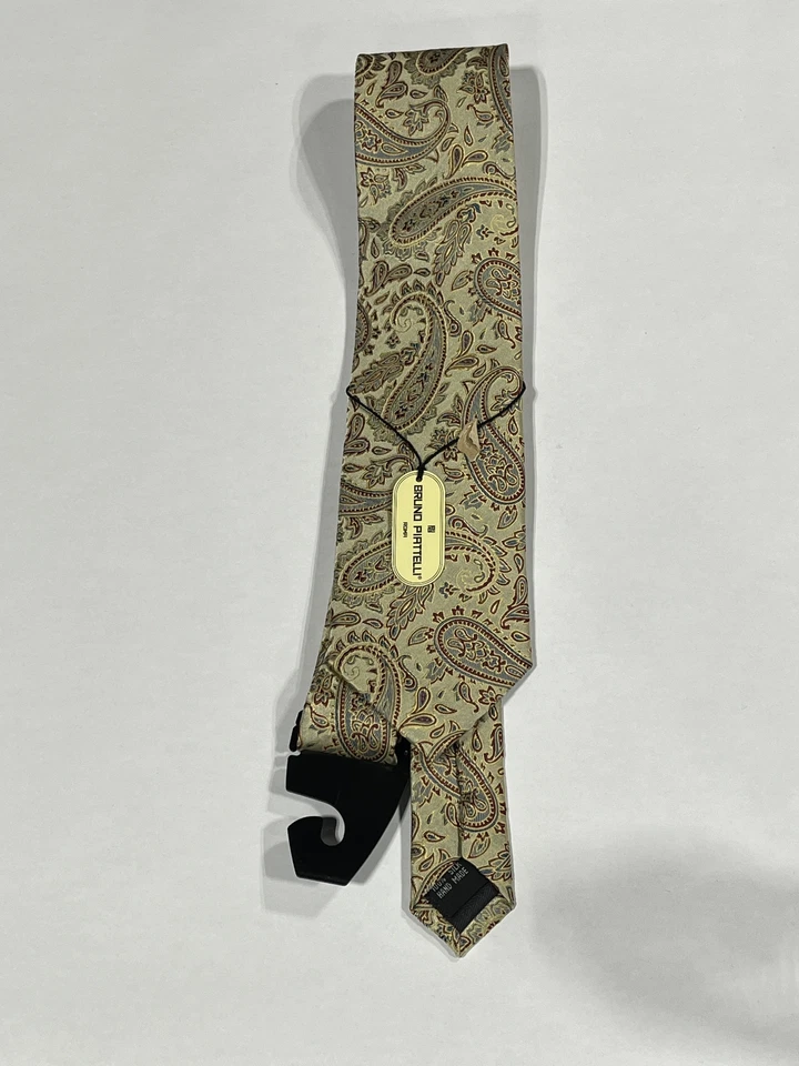 男式 Bruno Piattelli 金色佩斯利纯丝绸手工制作领带新品 — 第 1/3 张图片