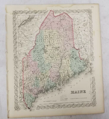 Mapa litográfico antiguo Atlas de Colton coloreado a mano Maine 1855 Foto 1 de 4