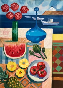 Wilgan, Still Life in a Greek Port, Sea View, Oil Painting on Canvas - Picture 1 of 3