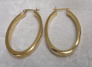 Estate Jewelry 14K Yellow Gold over .925 Sterling Silver Hoops ~ 1-1/2" H x 7/8" - Picture 1 of 5