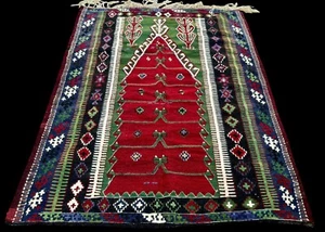 Antique Turkish Kilim Rug Traditional Anatolian Wool Prayer Design Green Red Rug - Picture 1 of 14