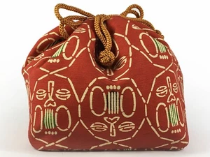 VTG Japanese Kinchaku Draw-String Bag Red Mingie Print Rough-Woven Cotton - Picture 1 of 3