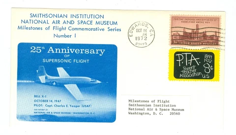 1972 SMITHSONIAN MILESTONES OF FLIGHT, KEY COVER #1, BELL X-1 CHUCK YEAGER Cover
