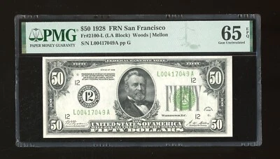 DBR 1928 $50 San Francisco Numeral Gem Fr. 2100-L PMG 65 EPQ Serial L00417049A - Image 1 of 2