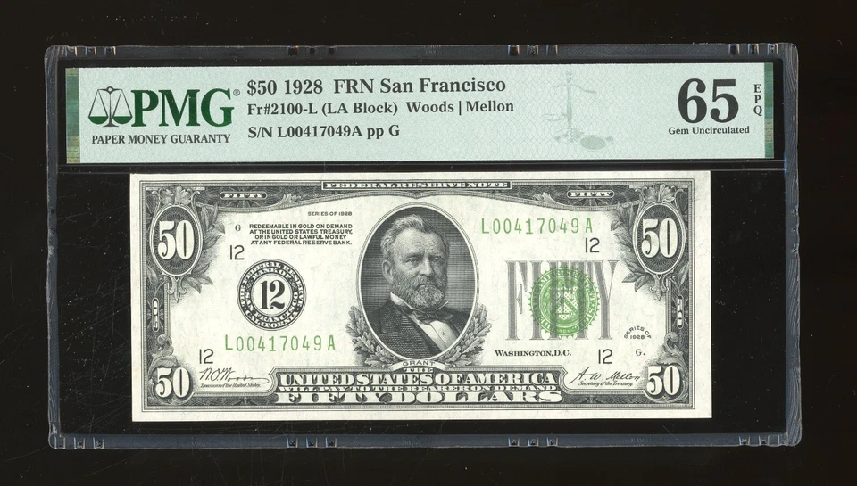 DBR 1928 $50 San Francisco Numeral Gem Fr. 2100-L PMG 65 EPQ Serial L00417049A - Image 1 of 2