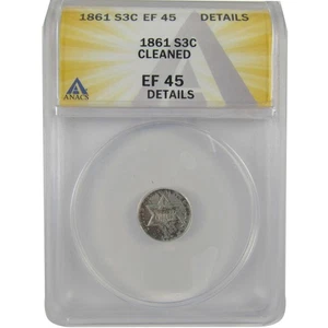 1861 Three Cent Piece EF 45 Details ANACS Silver Trime SKU:CPC0820 - Picture 1 of 4