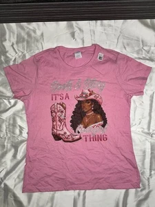 Women’s Large Boots And Bling Cowgirl Funny Pink T shirt - Picture 1 of 1