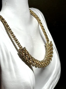 Vintage Alfani Necklace Gold Tone Metal Rhinestone Collar Mesh - Picture 1 of 8