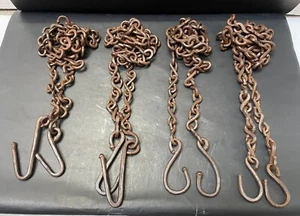 Old Vintage 4 Pcs Hand Forged Rustic Iron Long Swing Hanging Chains With Hooks - Picture 1 of 12