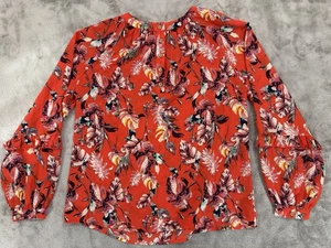 Buckle Black Shirt Womens S Orange Floral Henley Neck Ruffle Bishop Sleeve Boho - Picture 1 of 19
