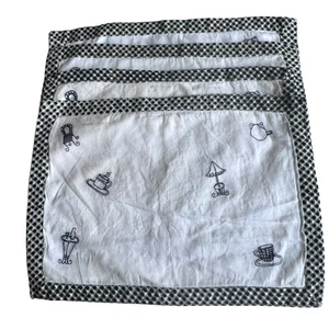 4er Set Stoff Tischsets schwarz weiß Karobordüre bestickt Küche Tee Motiv - Bild 1 von 11