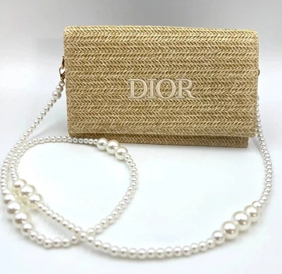 Christian Dior Straw Raffia Woven Cosmetic Zipper Bag Pouch with Chain - Image 1 of 4