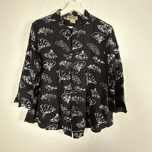 Nomadic Traders Womens Black Fan Print Mandarin Collar Button-Up Blouse Medium - Picture 1 of 7