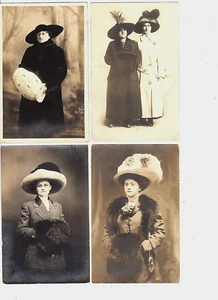 (4) Real Photo Postcard RPPC - Lot of 4 Elegant Woman w Beautiful Hat & Fur Muff - Picture 1 of 2
