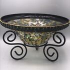 Mosaic Centrepiece Bowl Iron Scroll Stand Green Glass 9.5”. FLAW